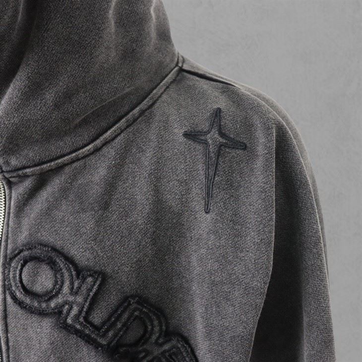 Embroidery Washed Appl Zipper Up Hoodie