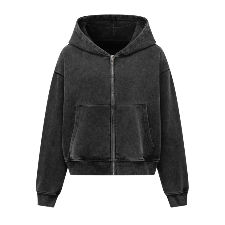 Borong OEM Acid Medium Wash Oversized Heavyweight Zip Up Hoodie Kornit DTG Print