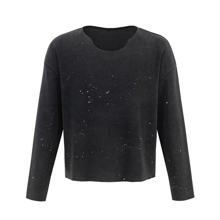 Borong OEM Splatter Wash Waffle Lengan Panjang T Shirt Kornit DTG Print
